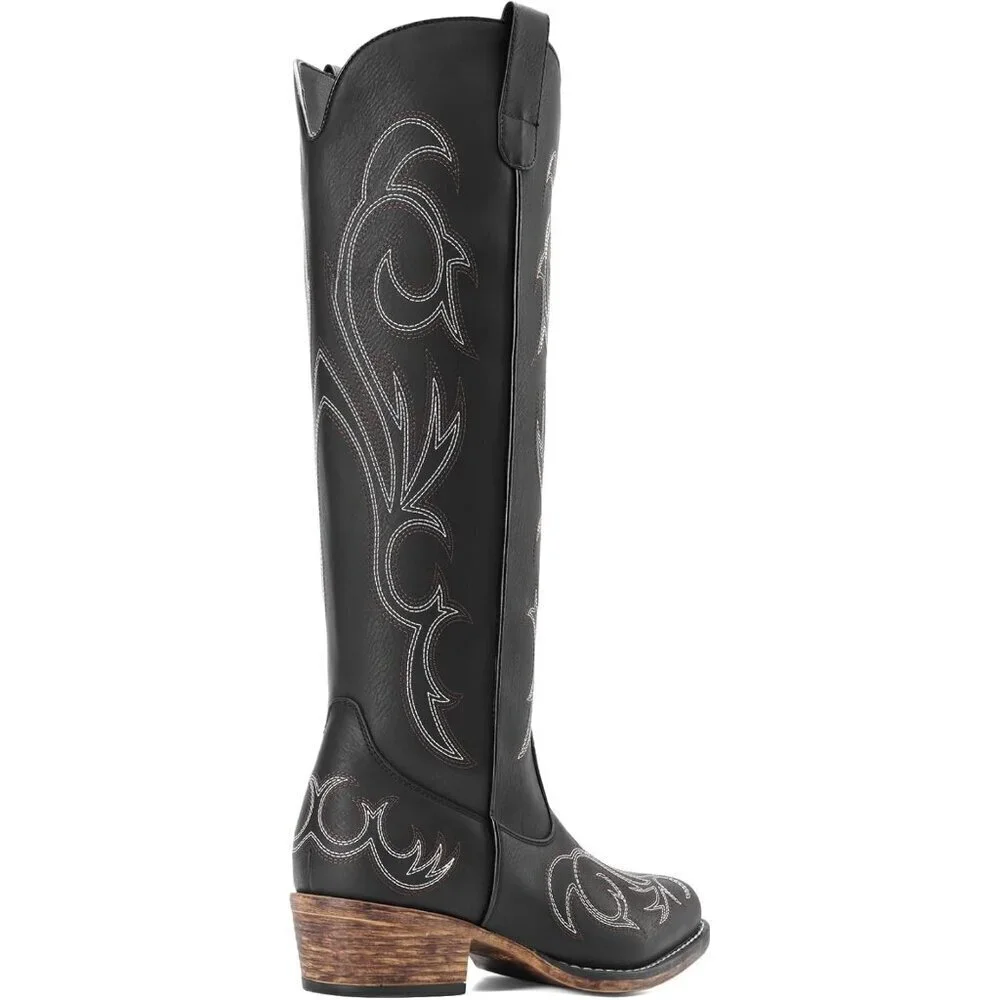 Womens Faux Leather Black Knee High Chunky Heel Side Zipper Embroidered Boots